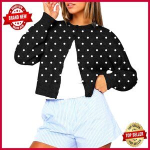 Cropped Cardigan Sweater Front Button Down Long Sleeve Crewneck Polka Dot